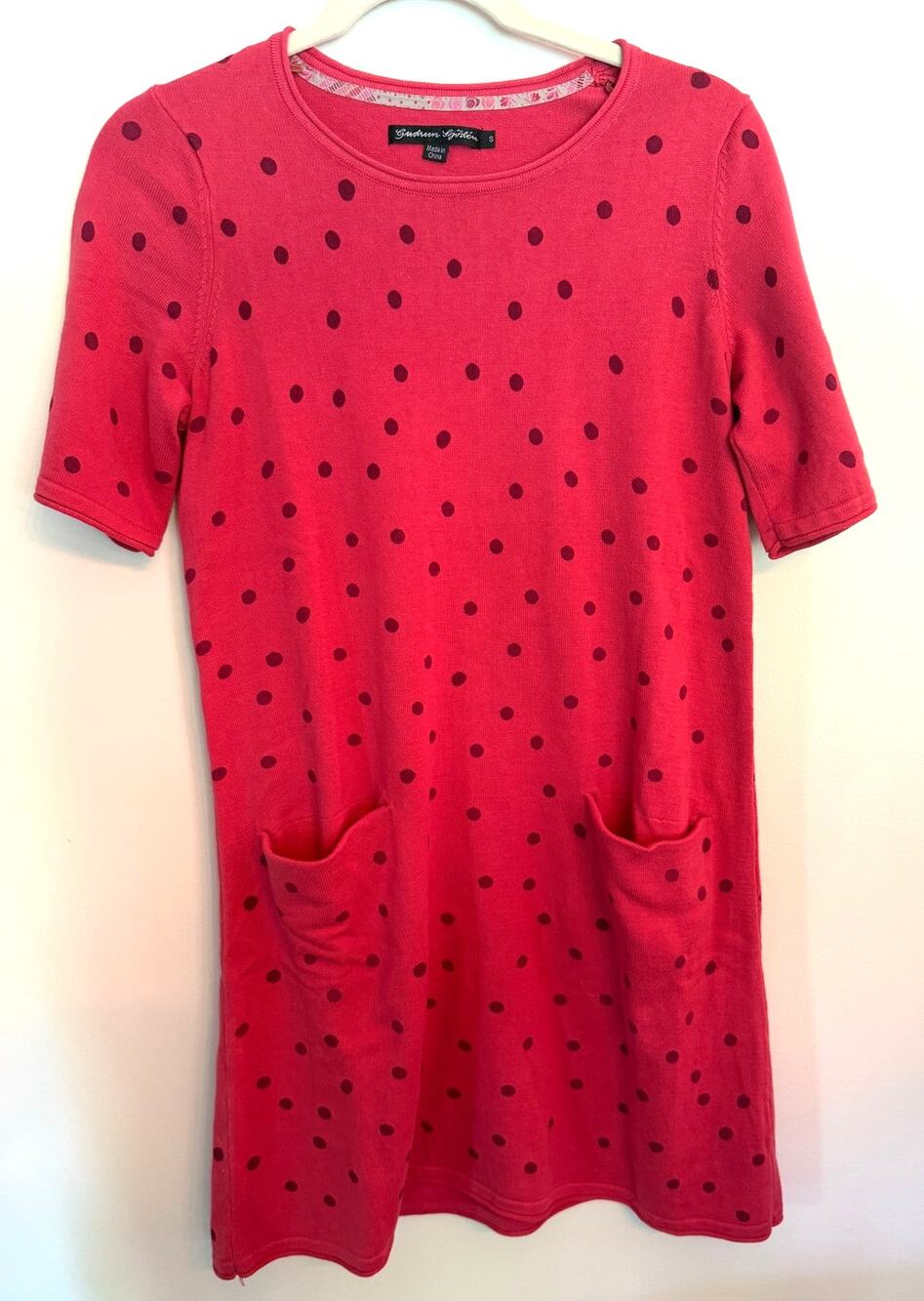 Gudrun Sjoden Polka Dot SS Dress Thick Knit Cotton Pockets Crewneck Salmon Sz S